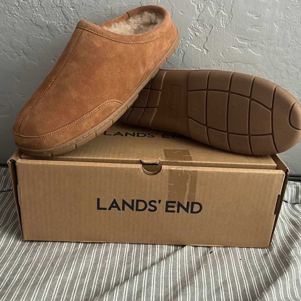 Lands End Men's Suede Leather Fuzzy Shearling Fur Clog Slippers size 10